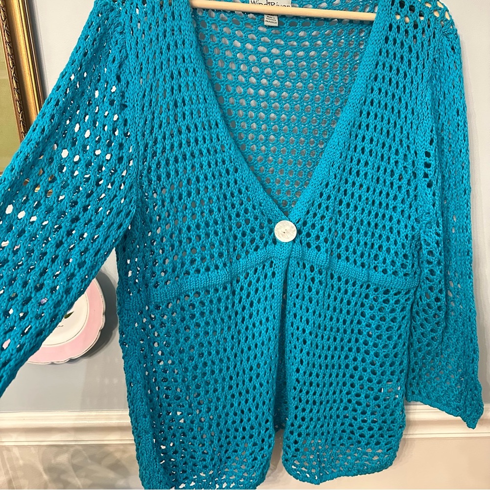 WindiRiver Teal Crochet Cardigan Size XL Babydoll Boho Bohemian Hippie Y2K - Picture 2 of 8